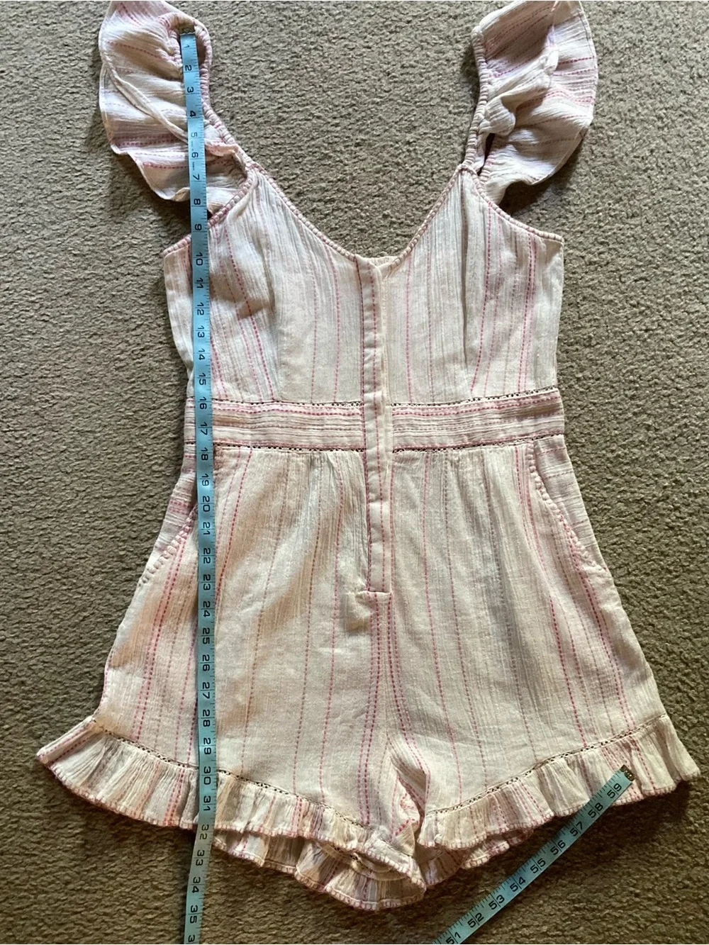 LoveShackFancy Cream & Pink Embroidered Striped Ruffle One Piece Romper NWT Sz 4